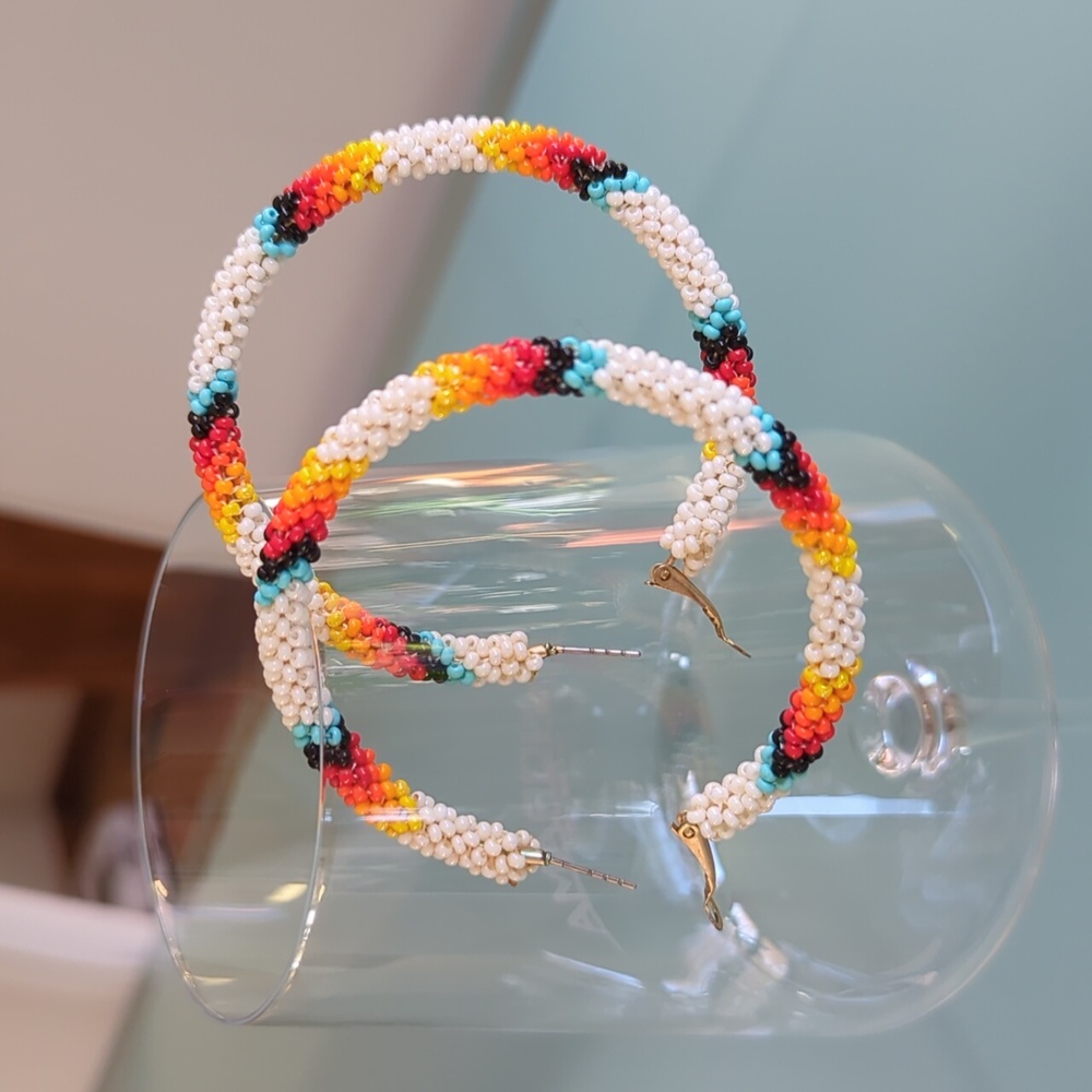 Boho Beaded Hoop Earrings, Native American Colorful Tribal Design, Pierced